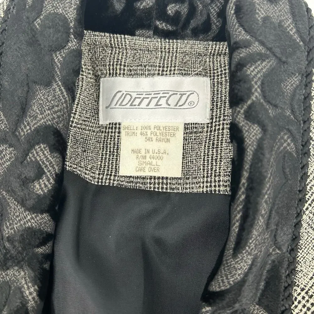 VTG 90s Womens Black Grey Sideffects Glen Check Plaid Velour Paisley Blazer Sz S